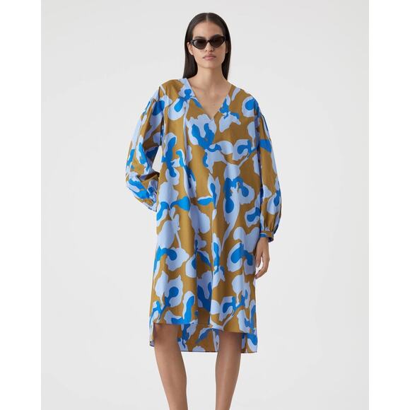 NEW CLOSED  PUFF SLEEVE DRESS IN OCEANIC BLUE IN MULTI OVER SIZED SMALL - Picture 1 of 11